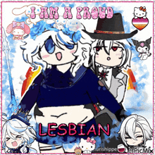 a picture of two anime characters with the words " i am a proud lesbian " in pink letters