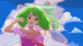 a cartoon girl with green hair and a pink dress