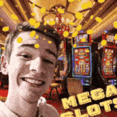 a young man is taking a selfie in front of a casino with the words mega slots written on the bottom