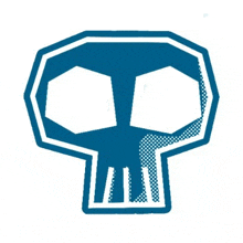 a blue and white skull with two eyes and a toothless mouth on a white background .