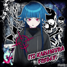 a picture of a girl with blue hair and the words " its kamimura friday "
