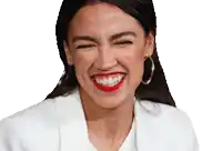 a woman wearing red lipstick and hoop earrings smiles with her eyes closed