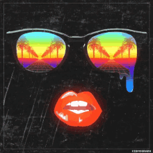 a painting of a woman 's face with sunglasses and a reflection of palm trees