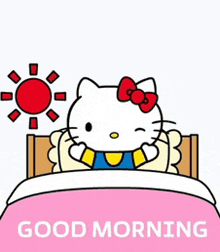 hello kitty is laying in a bed with the sun behind her and the words good morning on the bottom