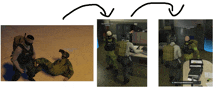 a man in a military uniform is kneeling down next to another man