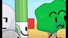 a cartoon drawing of a golf ball , a stick , and a tree .