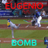 a baseball pitcher is about to throw the ball and the word bomb is on the field