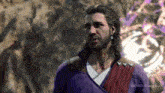 a man with long hair and a beard is wearing a purple sweater and a red scarf .