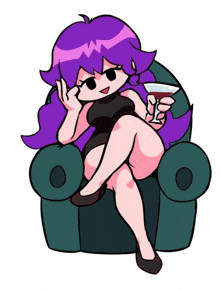 a girl with purple hair is sitting in a chair holding a martini glass .