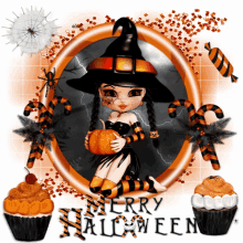 a witch holding a pumpkin with the words merry halloween below her