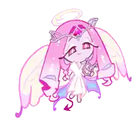 a cartoon drawing of an angel with pink hair and wings