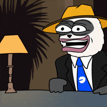 a cartoon of a panda wearing a yellow hat and tie