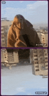a gif of a woman standing on top of a building with the time of 8:18 pm