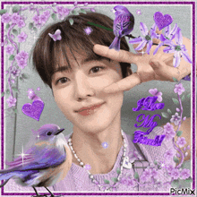 a picture of a boy with purple flowers and a bird with the words " i love my friends " on the bottom