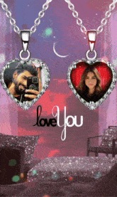 two heart shaped necklaces with a man and a woman on them and the words love you below them