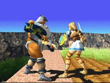 a video game scene of a man and a woman fighting