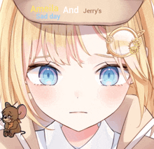 a close up of a girl with the words amelia and jerry 's sad day