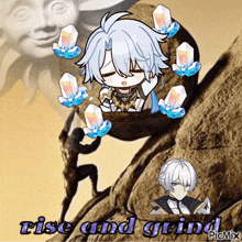 a cartoon of a man climbing up a rock with the words rise and grind