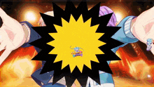 a cartoon character with purple hair is surrounded by a yellow and black star