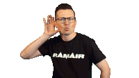 a man wearing a ramair shirt holds his hand to his ear while making a funny face