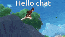 a pixel art of a girl jumping off a cliff with the words hello chat behind her