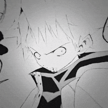 a black and white drawing of a boy with an angry look on his face .