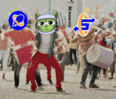 a group of people are dancing in a crowd with a frog wearing headphones