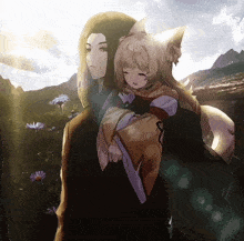 a man is holding a little girl with a cat 's ears