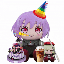 a stuffed animal with a party hat and a cake that says nyamu