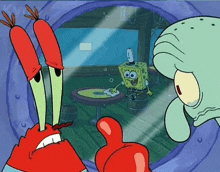 spongebob and squidward are looking through a window at a table