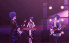 a purple anime character is holding a guitar and smiling
