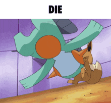 a picture of a cartoon character with the word die below