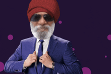 a man with a beard wearing a red hat and sunglasses is standing in front of the word ok