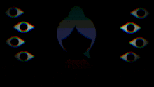 a girl is surrounded by a bunch of eyes