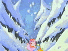 a cartoon of a girl in a pink dress walking through a snowy mountain