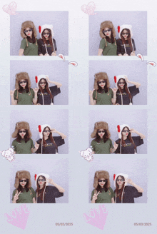 a collage of photos of two girls wearing hats and sunglasses
