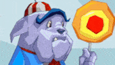 a cartoon dog is holding a lollipop with a red circle in the middle