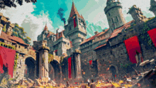 an illustration of a castle with red banners hanging from it