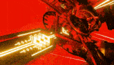 a computer generated image of a robot with a red background and yellow lights