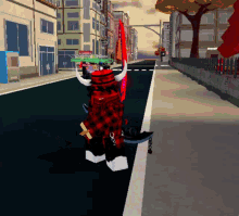 a person in a red and black plaid shirt with horns is walking down a street in a video game