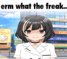 a picture of a girl with the words " erm what the freak " on top