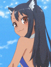 a girl with cat ears on her head is wearing a blue swimsuit