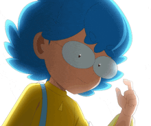 a cartoon character with blue hair wearing glasses