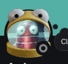 a cartoon character with big eyes and a yellow helmet on