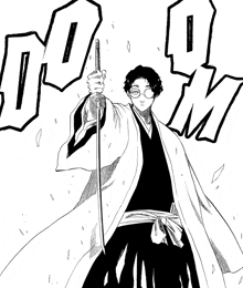 a black and white drawing of a man holding a sword with the letter m in the corner