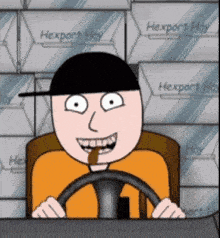 a cartoon man is driving a truck with boxes that say hexport hoy
