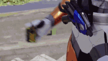 a close up of a robot with a blue weapon