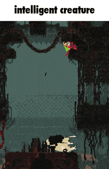 a pixel art scene with the words intelligent creature on the bottom