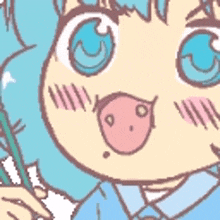 a close up of a cartoon character with blue hair holding a toothbrush in her hand .