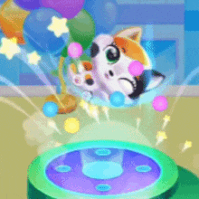 a cartoon of a cat surrounded by balloons and stars